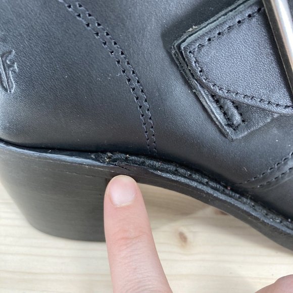 Frye Sabrina Double Buckle Black Leather Zipper Stacked Heels Mid Calf Boot 6M - Picture 10 of 16